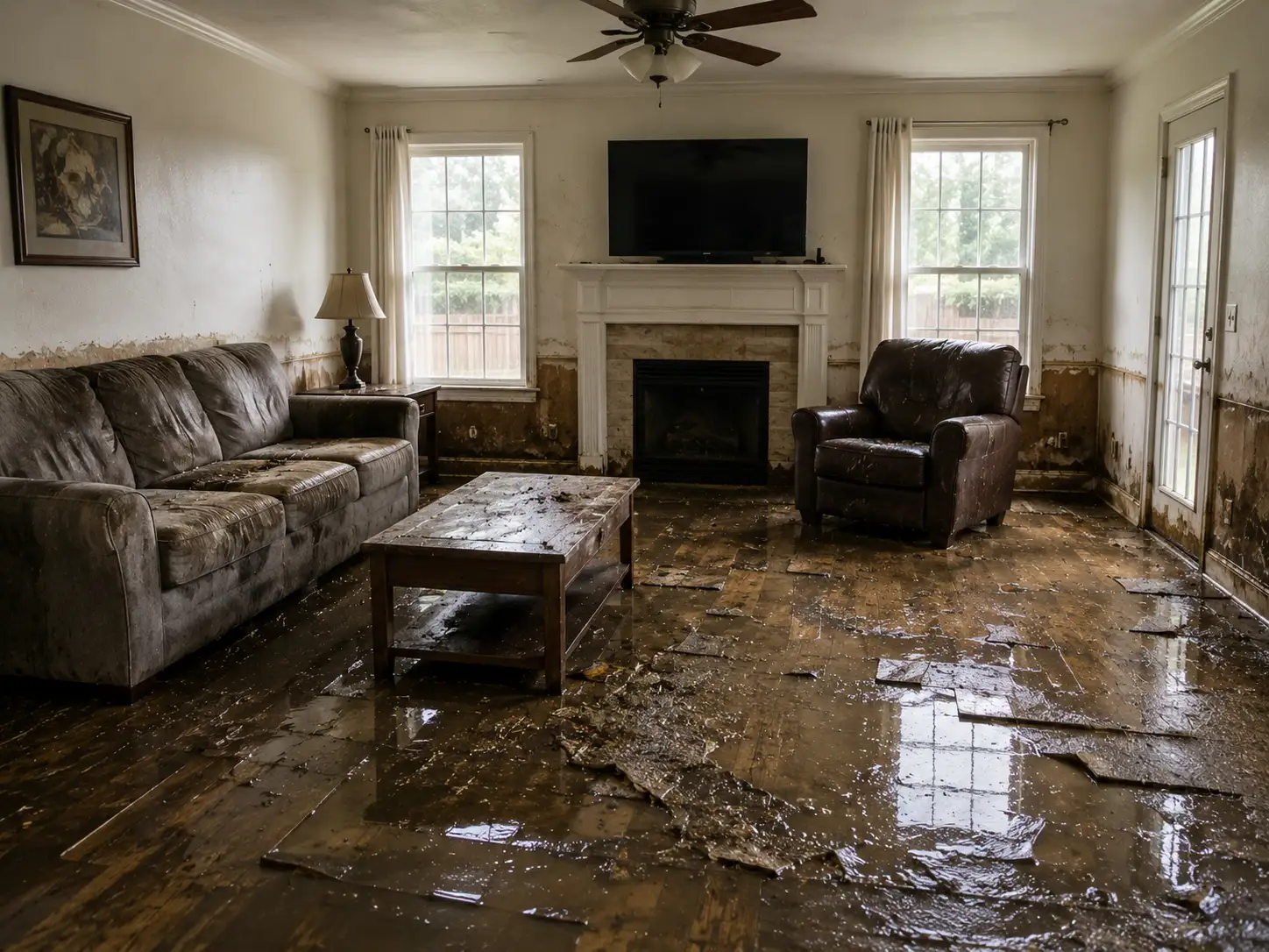 Water-damaged Killeen living room before restoration